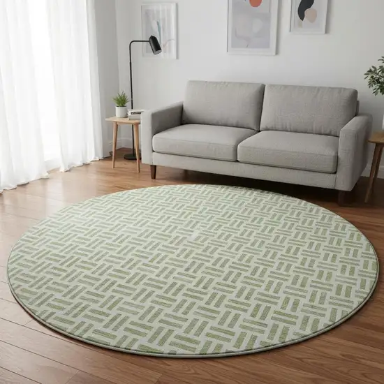 8' Artichoke Green And Ivory Geometric Washable Round Rug With UV Protection Photo 2