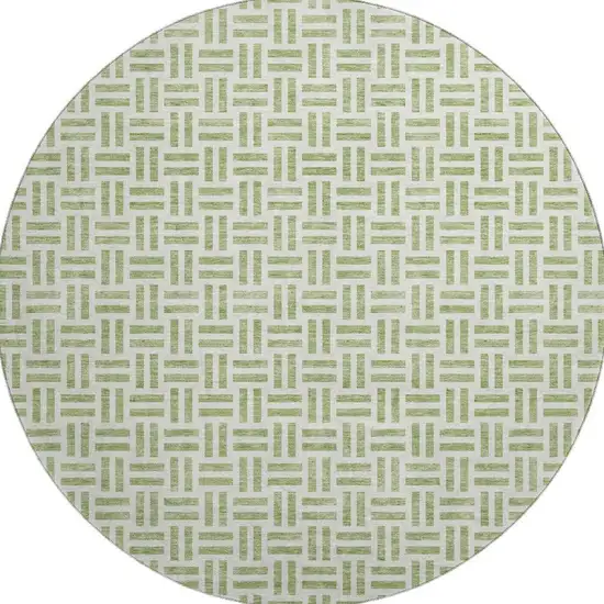 8' Artichoke Green And Ivory Geometric Washable Round Rug With UV Protection Photo 3