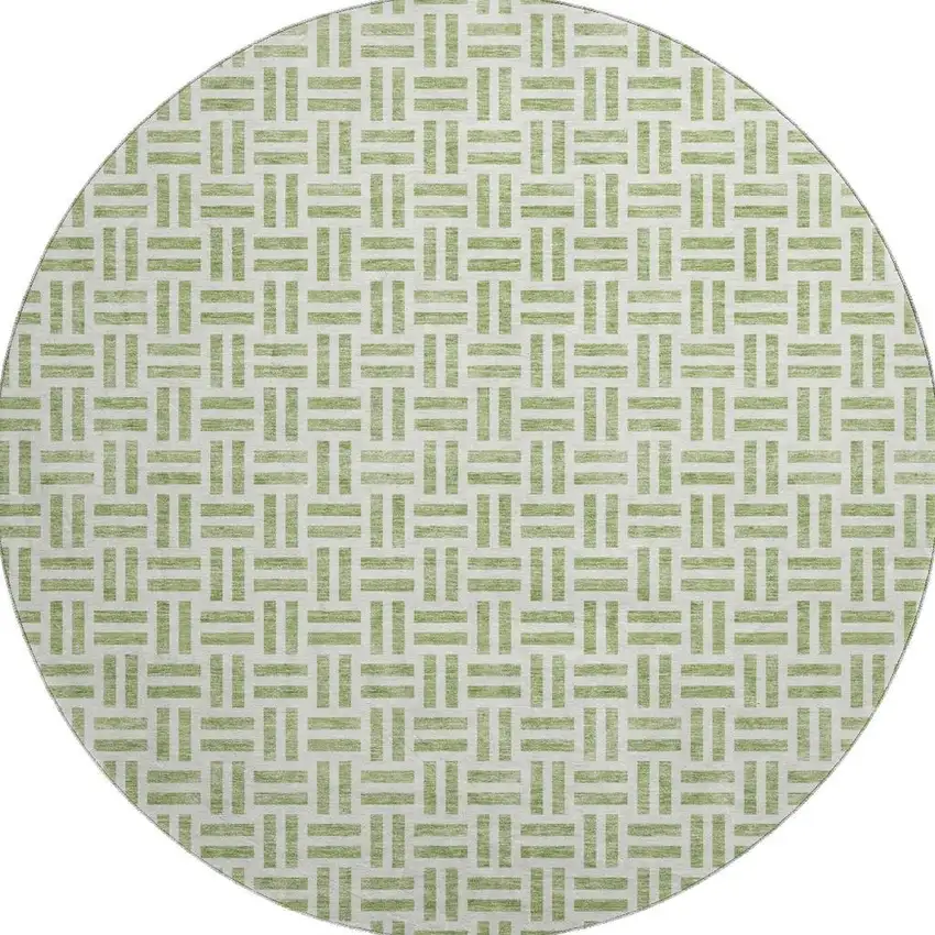 8' Artichoke Green And Ivory Geometric Washable Round Rug With UV Protection Photo 3
