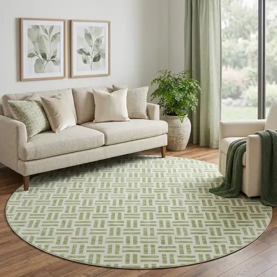 8' Artichoke Green And Ivory Geometric Washable Round Rug With UV Protection Photo 1