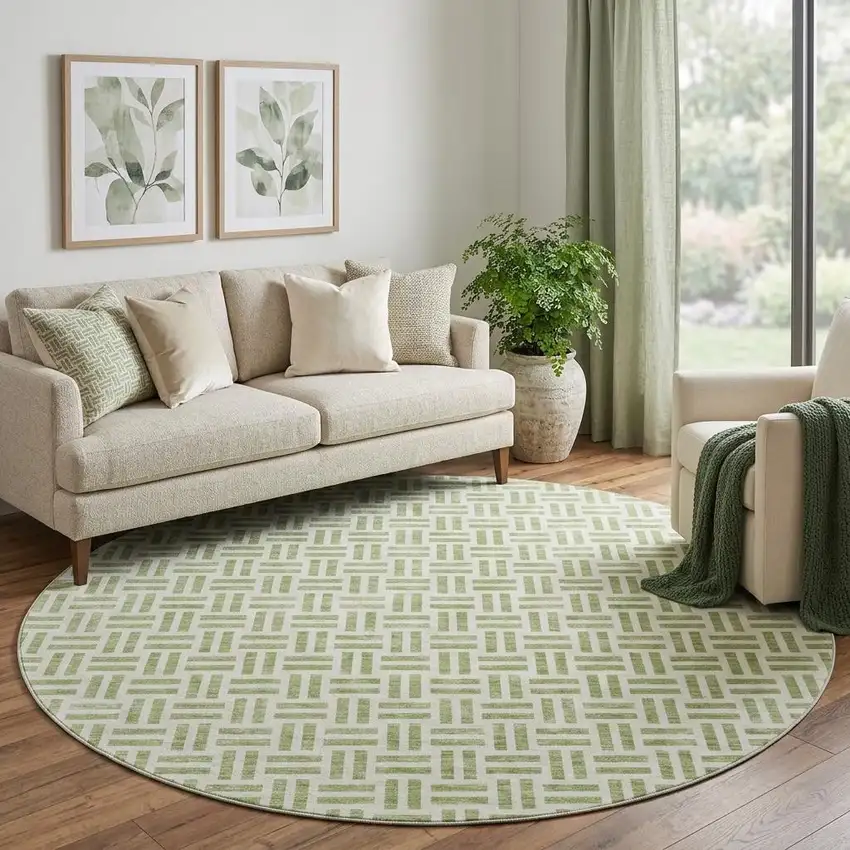 8' Artichoke Green And Ivory Geometric Washable Round Rug With UV Protection Photo 1
