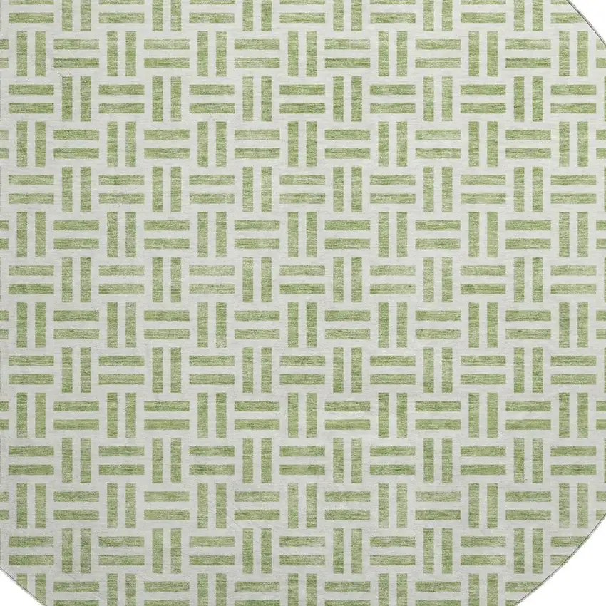 8' Artichoke Green And Ivory Geometric Washable Round Rug With UV Protection Photo 2