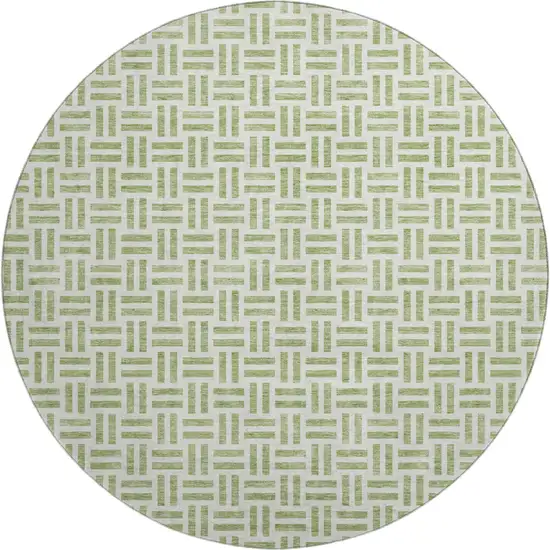 8' Artichoke Green And Ivory Geometric Washable Round Rug With UV Protection Photo 1