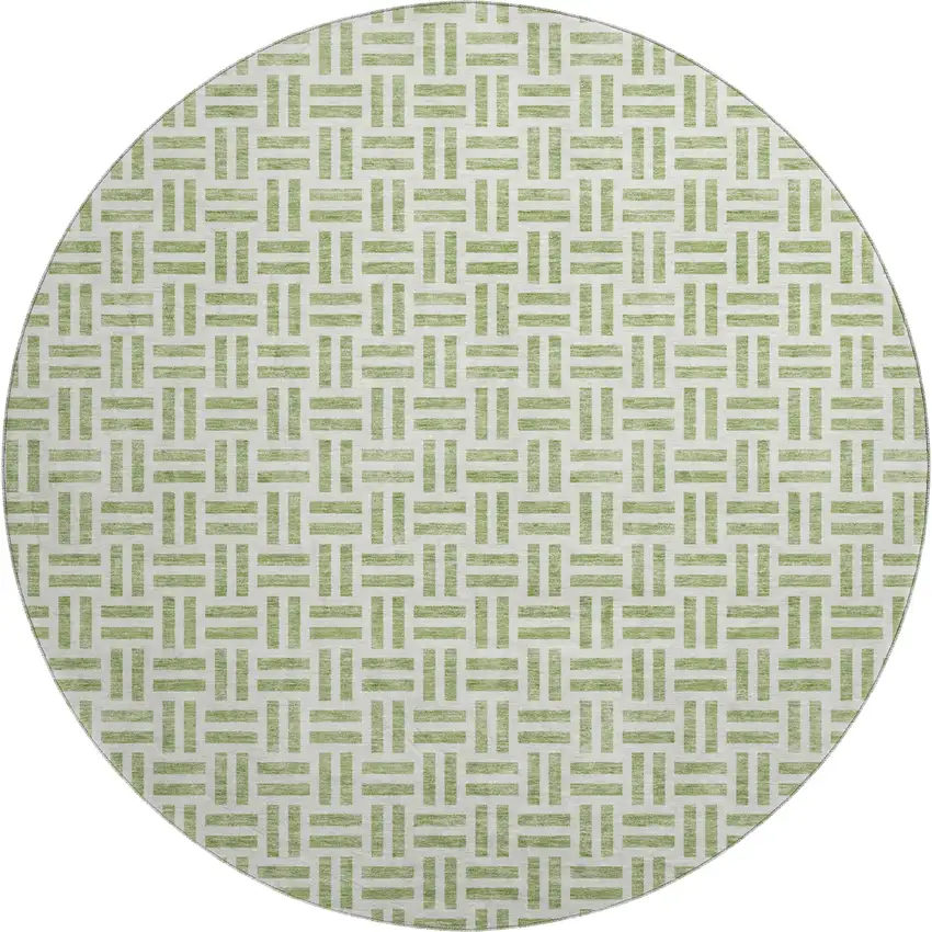 8' Artichoke Green And Ivory Geometric Washable Round Rug With UV Protection Photo 1