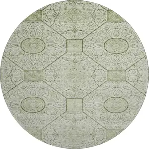 Photo of 8' Artichoke Green And Ivory Geometric Washable Round Rug With UV Protection