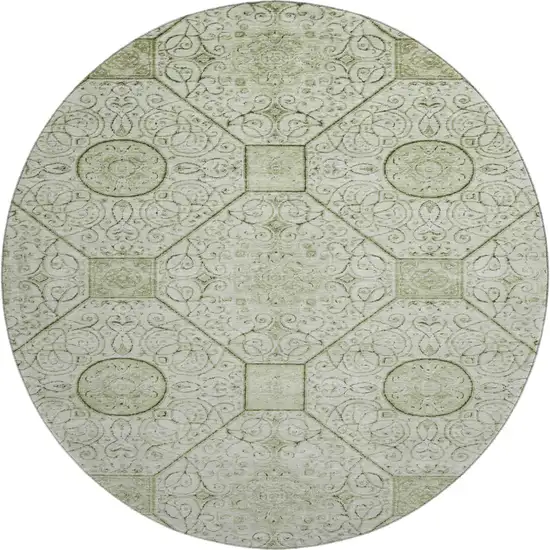 8' Artichoke Green And Ivory Geometric Washable Round Rug With UV Protection Photo 1