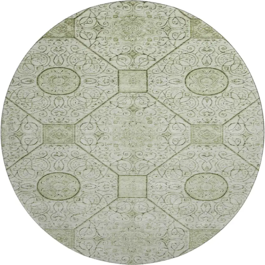 8' Artichoke Green And Ivory Geometric Washable Round Rug With UV Protection Photo 1