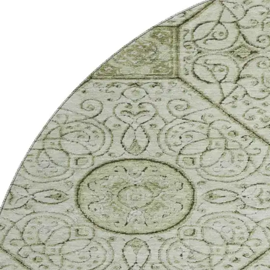 8' Artichoke Green And Ivory Geometric Washable Round Rug With UV Protection Photo 3