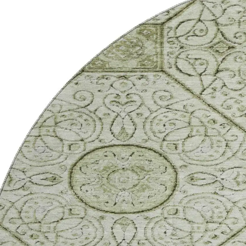 8' Artichoke Green And Ivory Geometric Washable Round Rug With UV Protection Photo 3