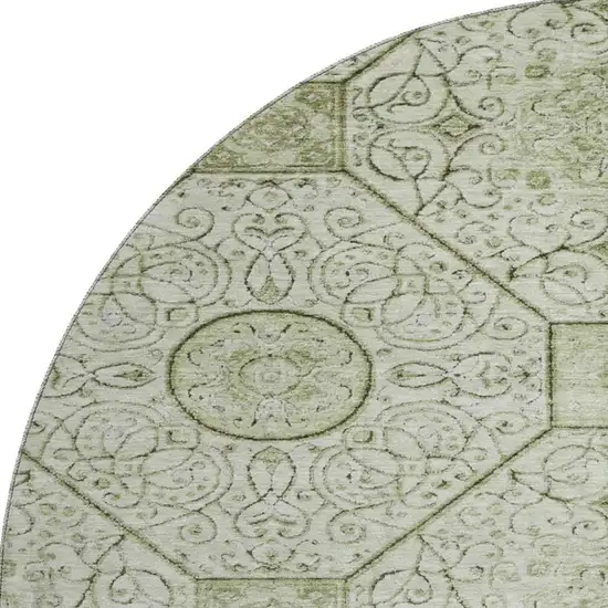 8' Artichoke Green And Ivory Geometric Washable Round Rug With UV Protection Photo 3