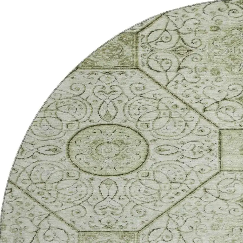 8' Artichoke Green And Ivory Geometric Washable Round Rug With UV Protection Photo 3
