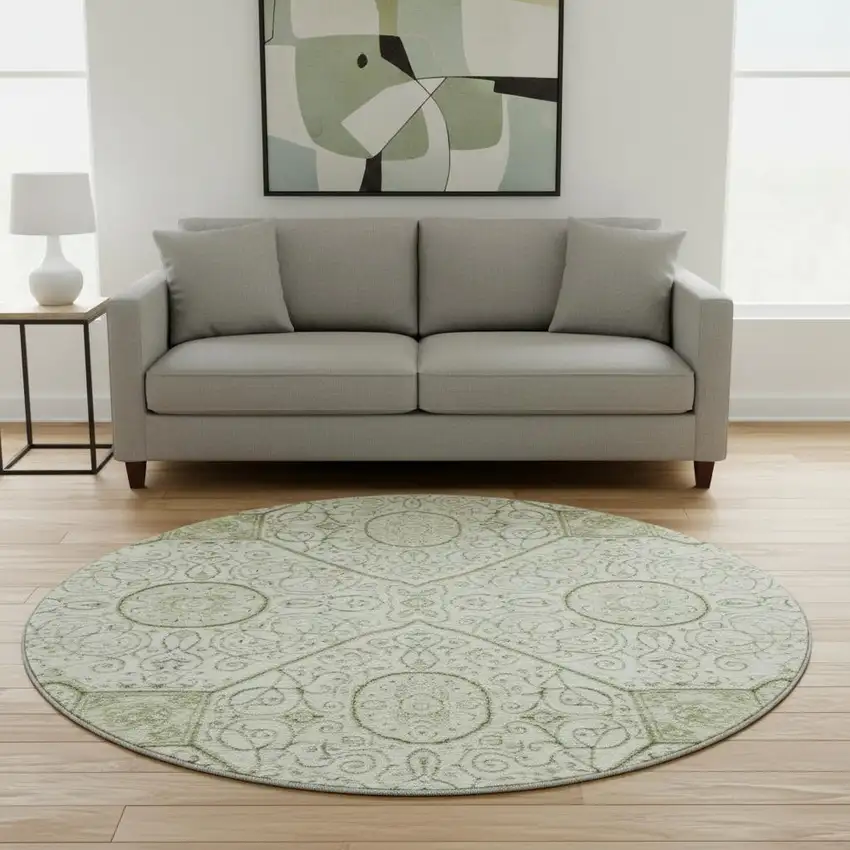 8' Artichoke Green And Ivory Geometric Washable Round Rug With UV Protection Photo 2