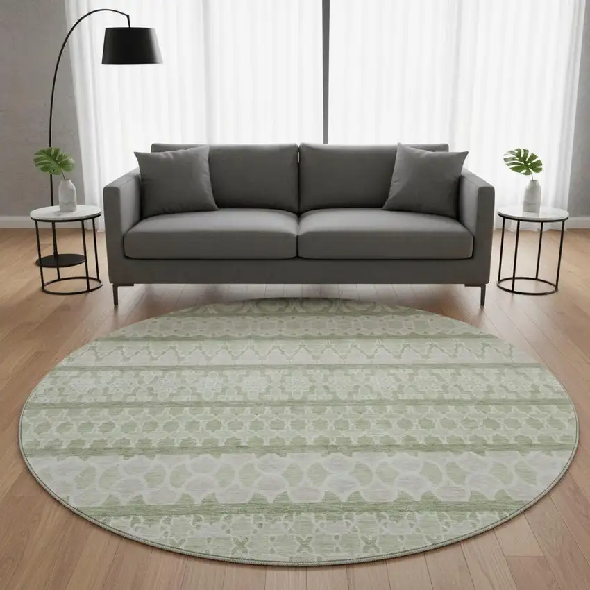 8' Artichoke Green And Ivory Ikat Washable Round Rug With UV Protection Photo 2
