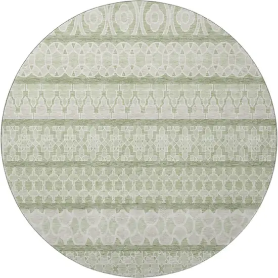 8' Artichoke Green And Ivory Ikat Washable Round Rug With UV Protection Photo 4