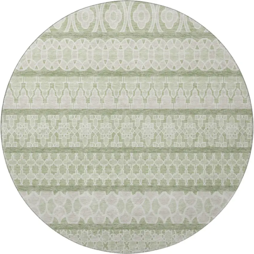 8' Artichoke Green And Ivory Ikat Washable Round Rug With UV Protection Photo 4
