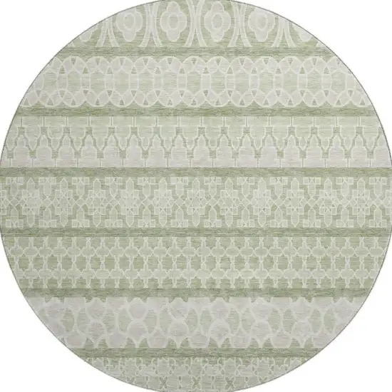 8' Artichoke Green And Ivory Ikat Washable Round Rug With UV Protection Photo 3