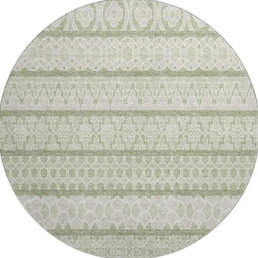 8' Artichoke Green And Ivory Ikat Washable Round Rug With UV Protection Photo 3