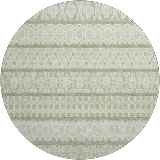8' Artichoke Green And Ivory Ikat Washable Round Rug With UV Protection Photo 1