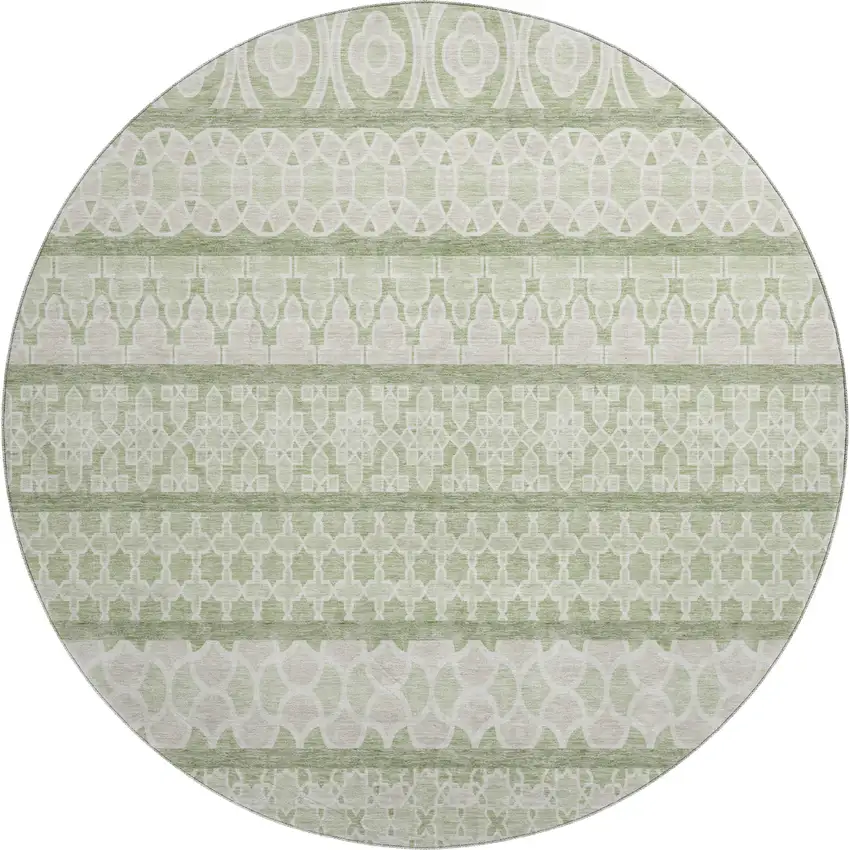 8' Artichoke Green And Ivory Ikat Washable Round Rug With UV Protection Photo 1