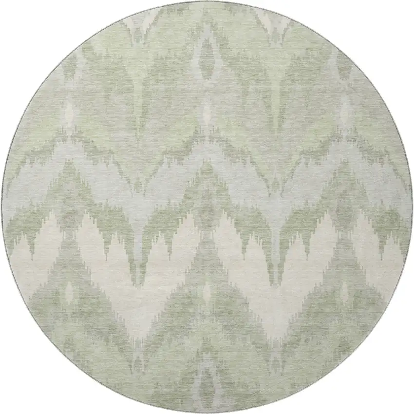 8' Artichoke Green And Ivory Ikat Washable Round Rug With UV Protection Photo 4