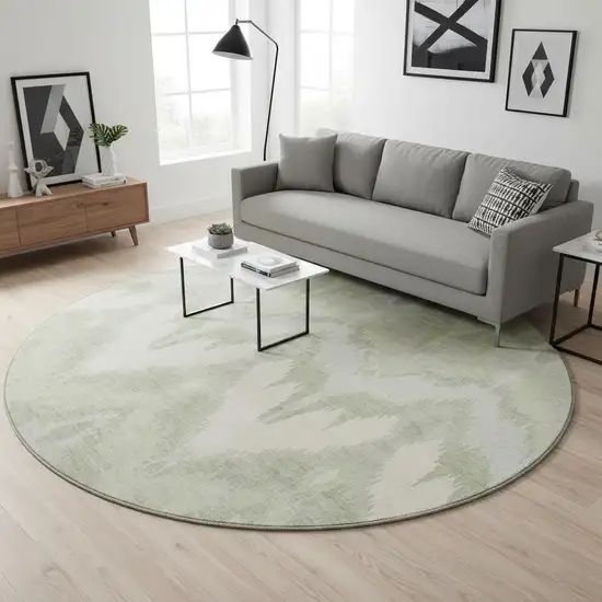 8' Artichoke Green And Ivory Ikat Washable Round Rug With UV Protection Photo 2