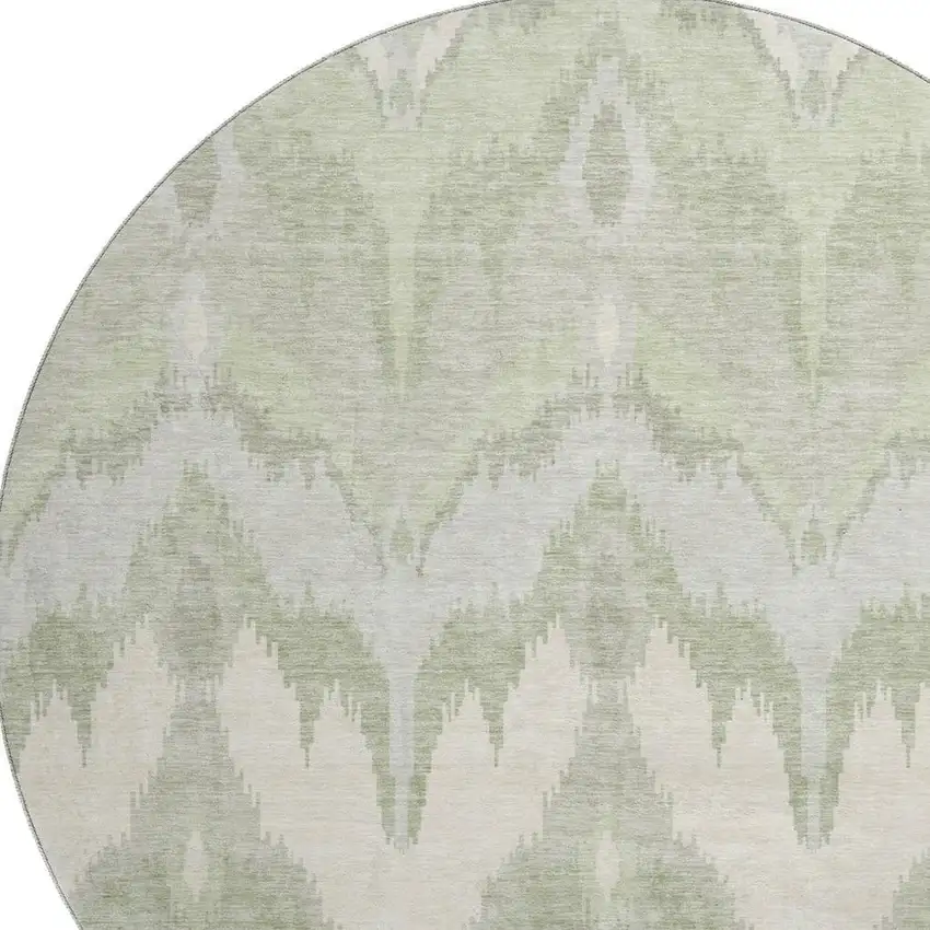 8' Artichoke Green And Ivory Ikat Washable Round Rug With UV Protection Photo 3