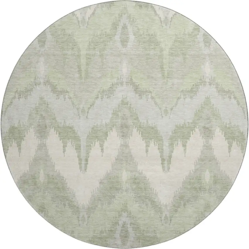 8' Artichoke Green And Ivory Ikat Washable Round Rug With UV Protection Photo 1