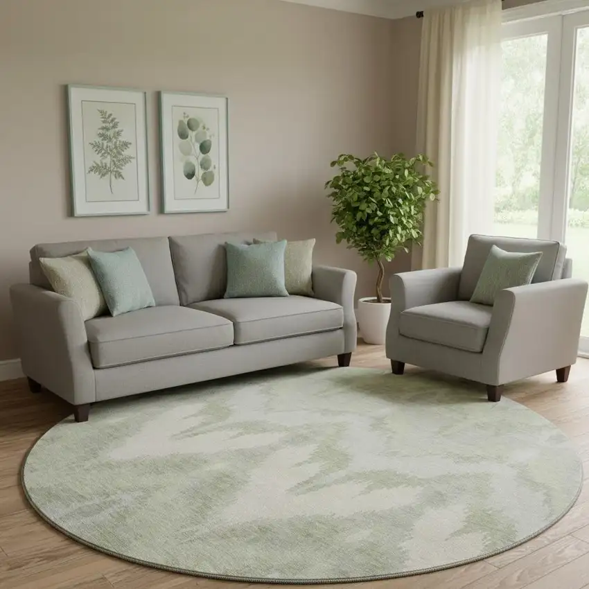 8' Artichoke Green And Ivory Ikat Washable Round Rug With UV Protection Photo 1