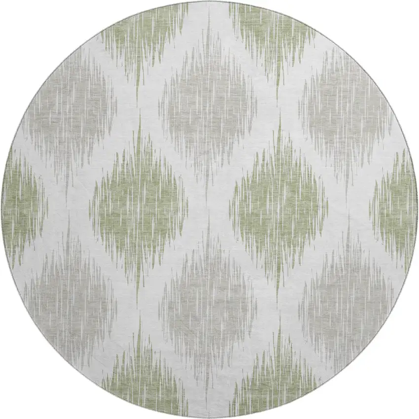 8' Artichoke Green And Ivory Ikat Washable Round Rug With UV Protection Photo 1