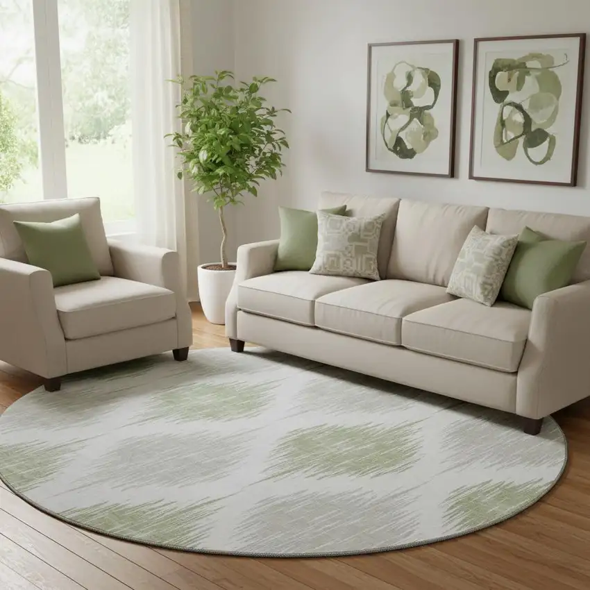 8' Artichoke Green And Ivory Ikat Washable Round Rug With UV Protection Photo 1