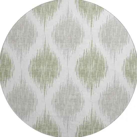 8' Artichoke Green And Ivory Ikat Washable Round Rug With UV Protection Photo 4