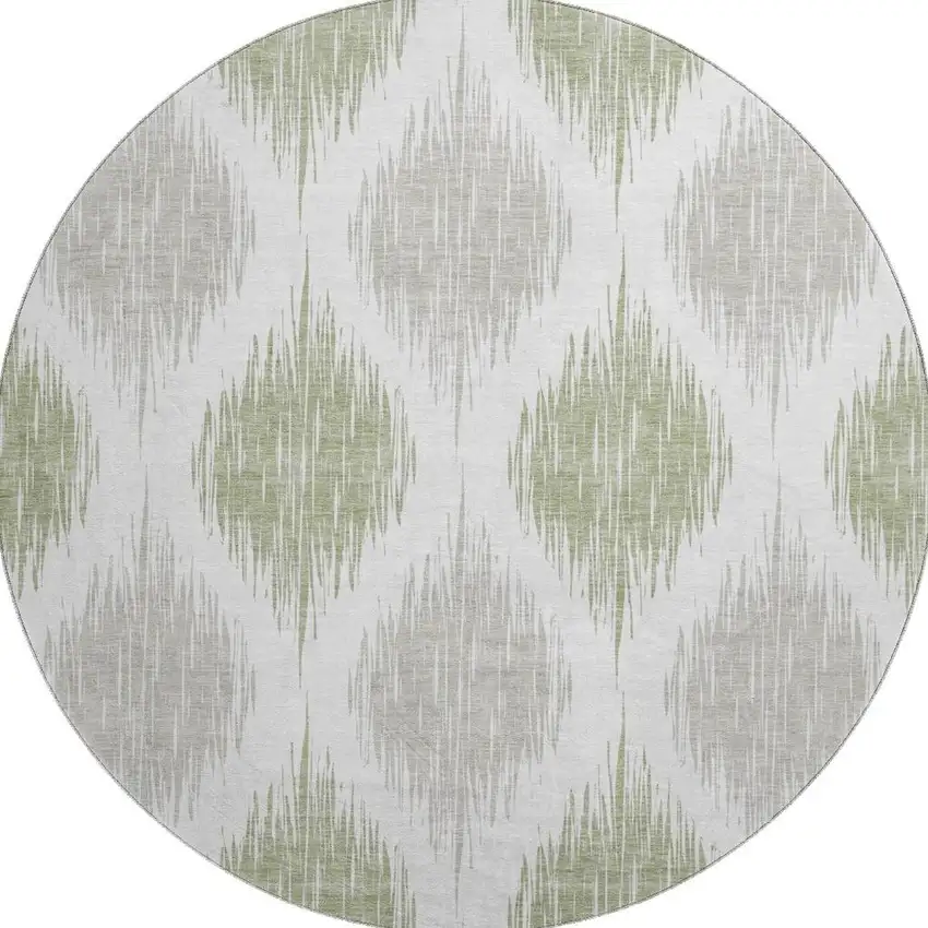 8' Artichoke Green And Ivory Ikat Washable Round Rug With UV Protection Photo 4