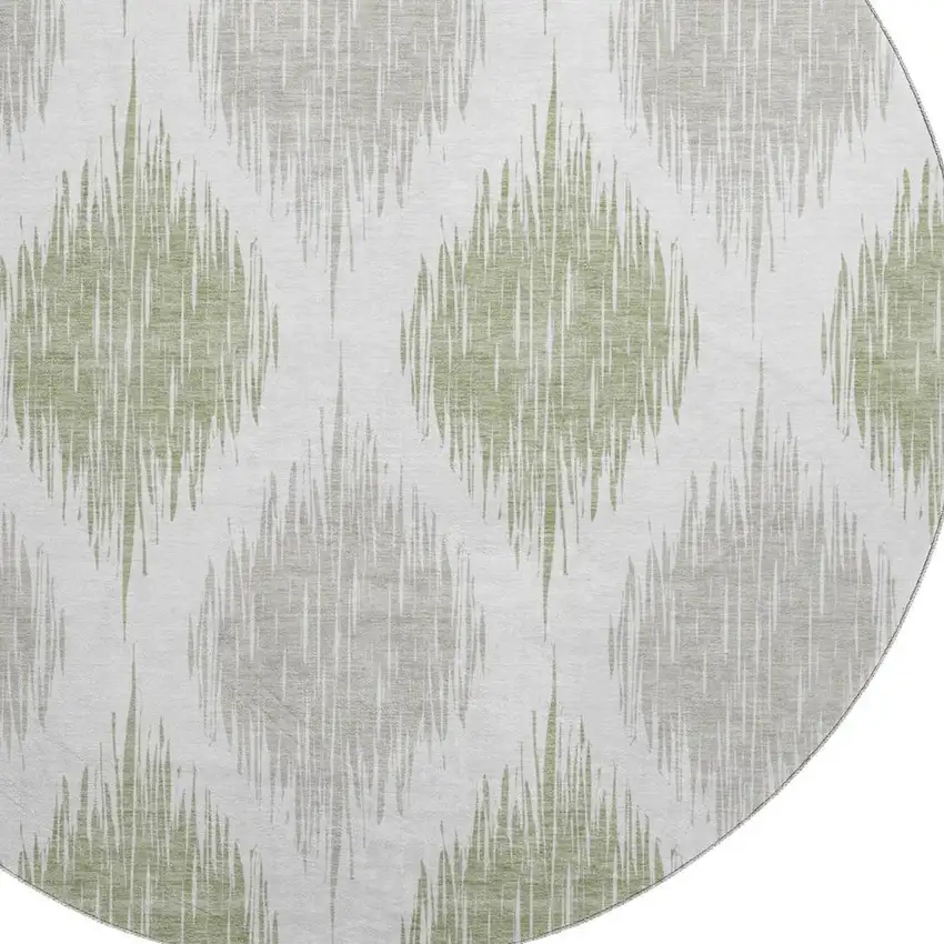 8' Artichoke Green And Ivory Ikat Washable Round Rug With UV Protection Photo 3