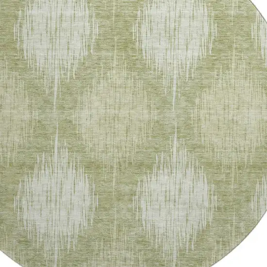 8' Artichoke Green And Ivory Ikat Washable Round Rug With UV Protection Photo 3