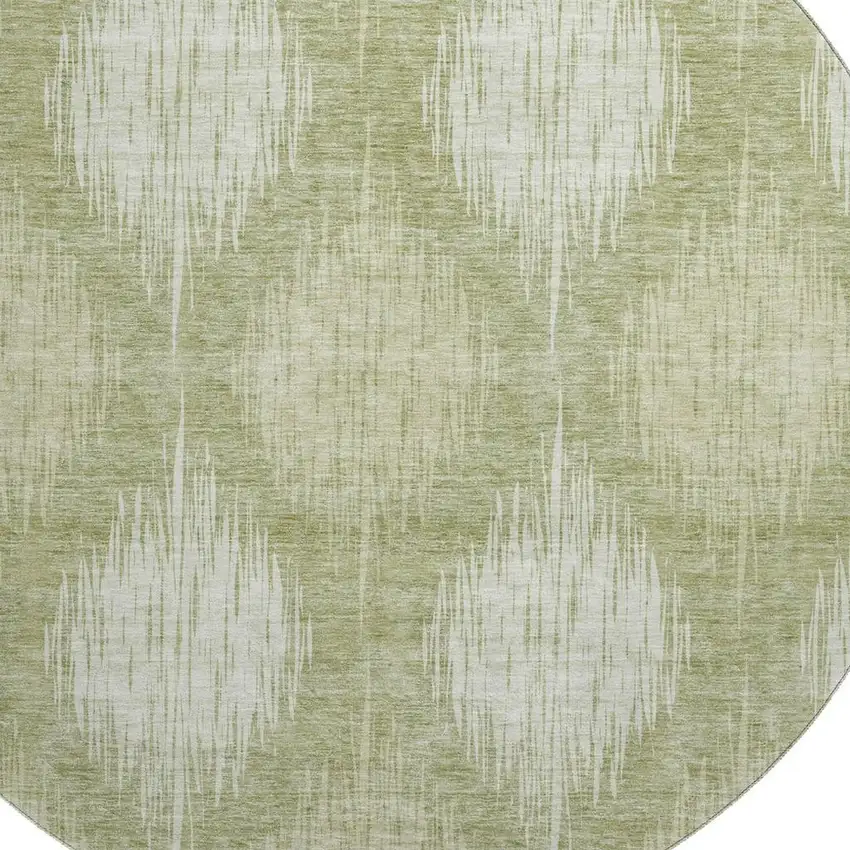 8' Artichoke Green And Ivory Ikat Washable Round Rug With UV Protection Photo 3
