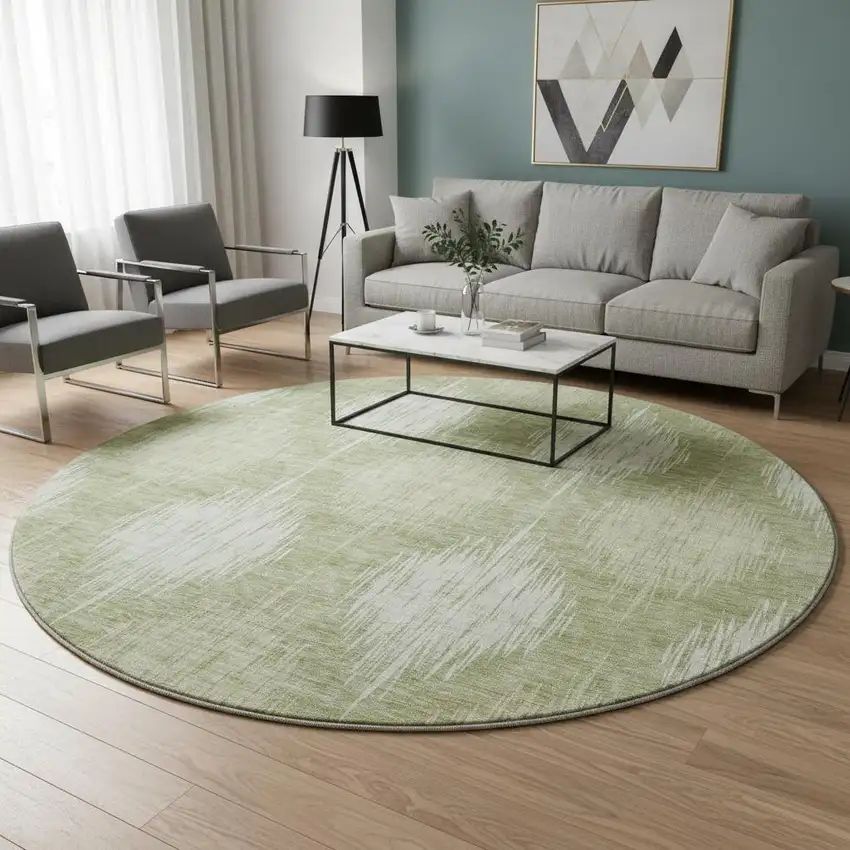 8' Artichoke Green And Ivory Ikat Washable Round Rug With UV Protection Photo 2