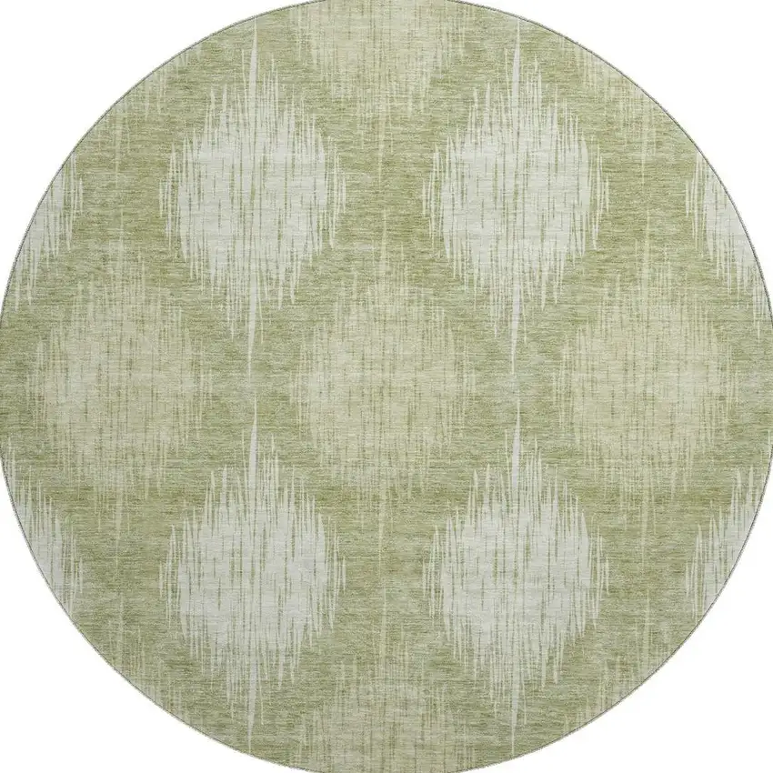 8' Artichoke Green And Ivory Ikat Washable Round Rug With UV Protection Photo 4