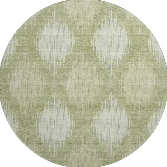 8' Artichoke Green And Ivory Ikat Washable Round Rug With UV Protection Photo 4