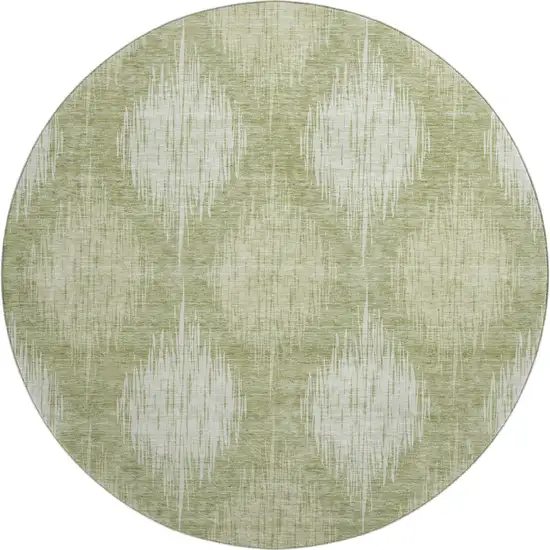 8' Artichoke Green And Ivory Ikat Washable Round Rug With UV Protection Photo 1