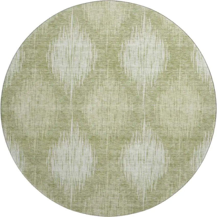 8' Artichoke Green And Ivory Ikat Washable Round Rug With UV Protection Photo 1