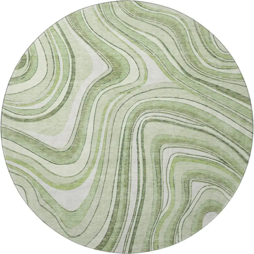 8' Artichoke Green And Ivory Marble Washable Round Rug With UV Protection Photo 4