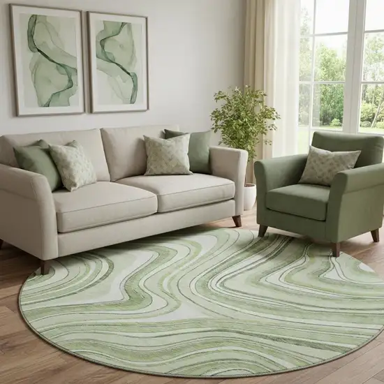 8' Artichoke Green And Ivory Marble Washable Round Rug With UV Protection Photo 1