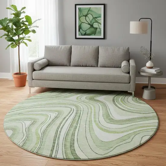 8' Artichoke Green And Ivory Marble Washable Round Rug With UV Protection Photo 2