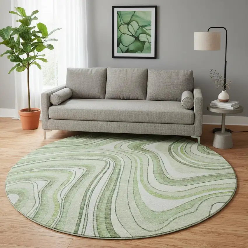 8' Artichoke Green And Ivory Marble Washable Round Rug With UV Protection Photo 2