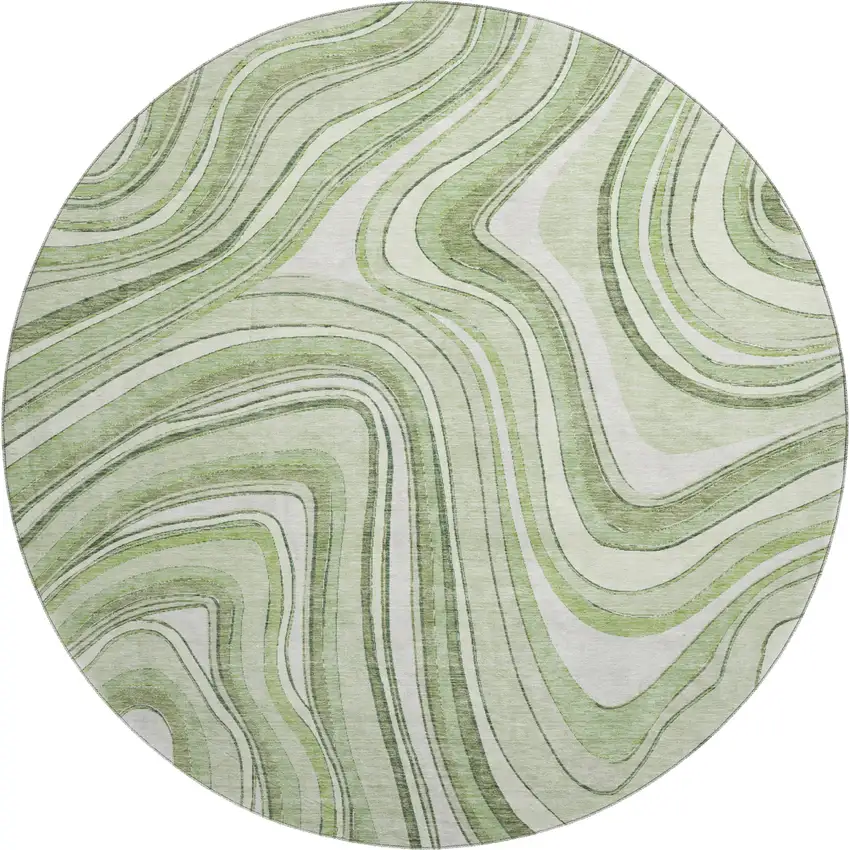 8' Artichoke Green And Ivory Marble Washable Round Rug With UV Protection Photo 1