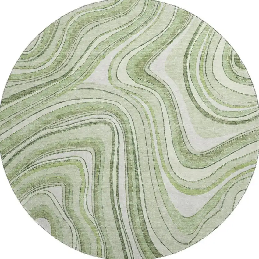 8' Artichoke Green And Ivory Marble Washable Round Rug With UV Protection Photo 3
