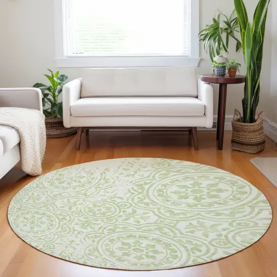 8' Artichoke Green And Ivory Medallion Washable Round Rug With UV Protection Photo 5