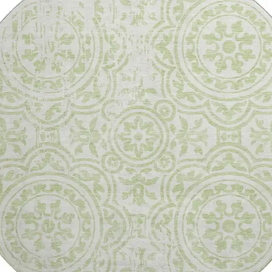 8' Artichoke Green And Ivory Medallion Washable Round Rug With UV Protection Photo 3