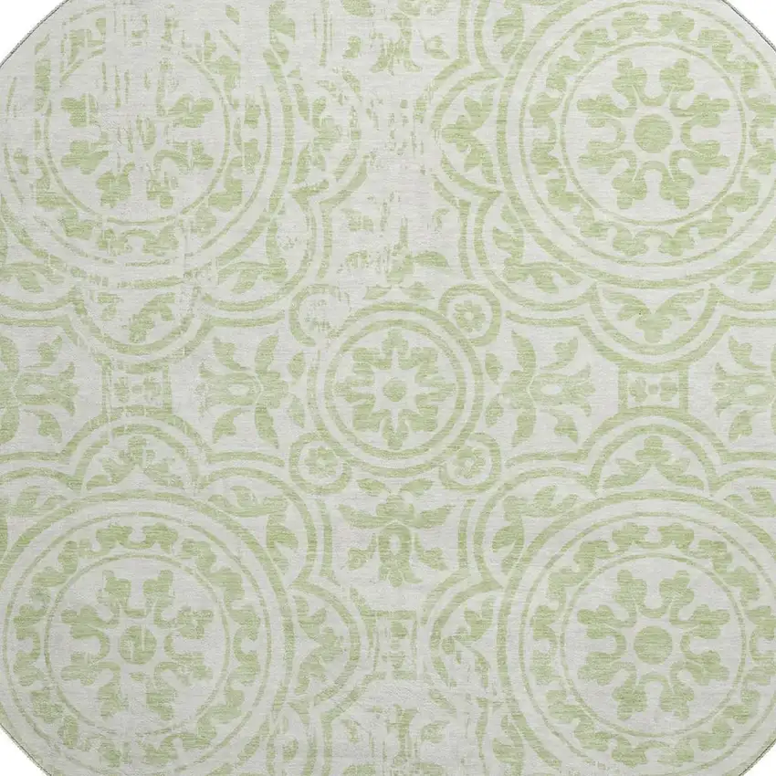 8' Artichoke Green And Ivory Medallion Washable Round Rug With UV Protection Photo 3