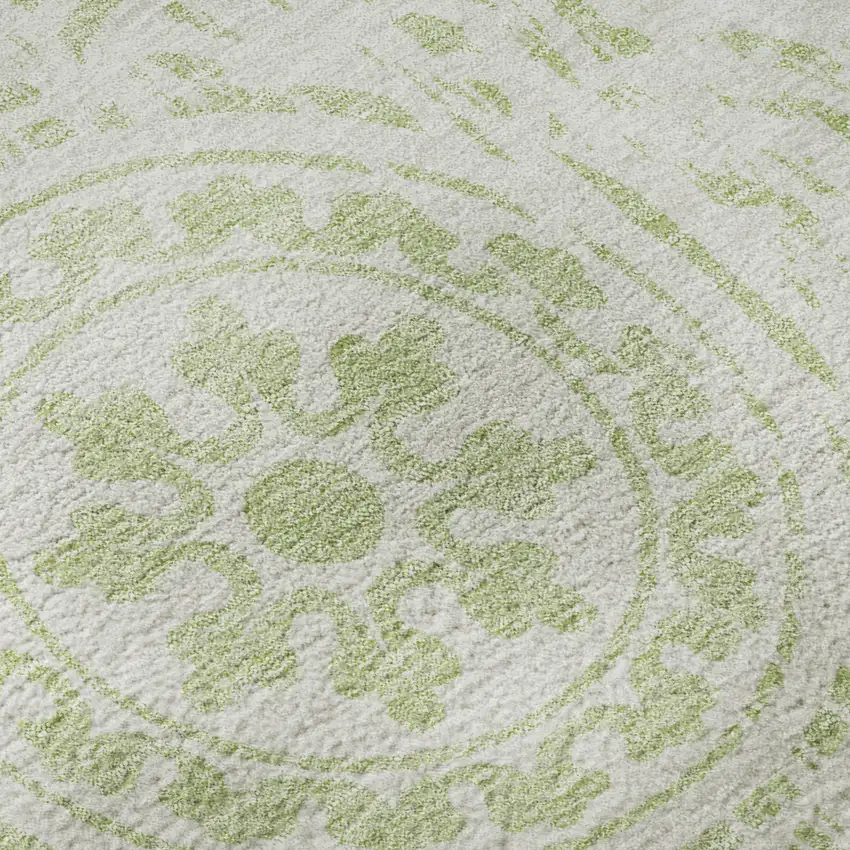 8' Artichoke Green And Ivory Medallion Washable Round Rug With UV Protection Photo 9